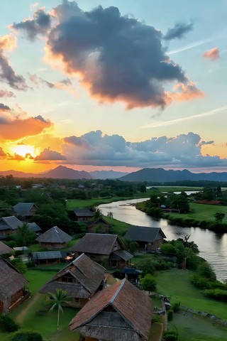 乡村河畔日落全景素材 乡村河畔日落全景素材