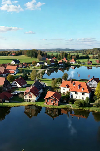 乡村湖泊旁红顶房屋航拍 乡村湖泊旁红顶房屋航拍