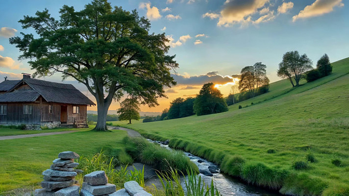 乡村田野木屋溪流自然风光 乡村田野木屋溪流自然风光