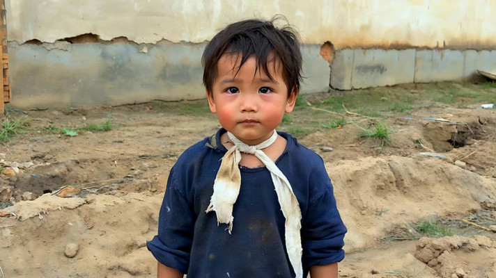 乡村小孩站在泥土地上 乡村小孩站在泥土地上