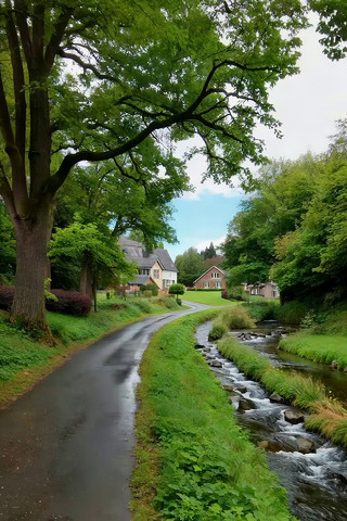 乡村小路旁溪流与民居风景 乡村小路旁溪流与民居风景