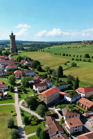 乡村小镇及高塔鸟瞰全景 乡村小镇及高塔鸟瞰全景