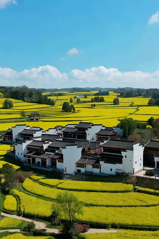 乡村油菜花田与民居俯瞰 乡村油菜花田与民居俯瞰