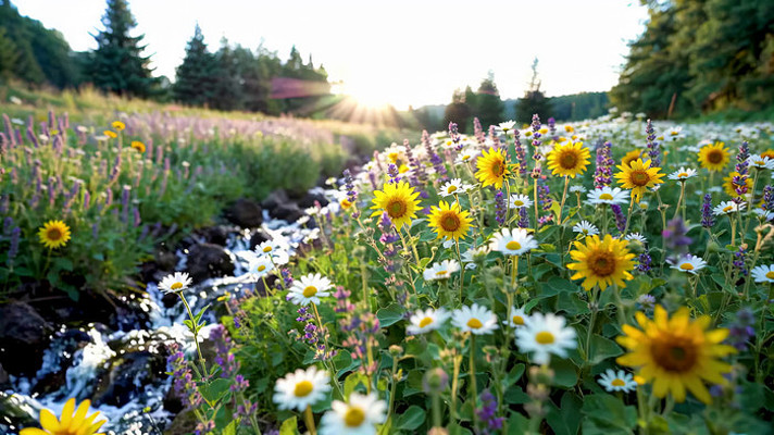 溪边盛放的野花自然风光 溪边盛放的野花自然风光