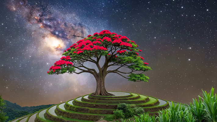 星空下的繁花大树景观 星空下的繁花大树景观