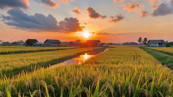 夕阳下的稻田与农舍景观 夕阳下的稻田与农舍景观