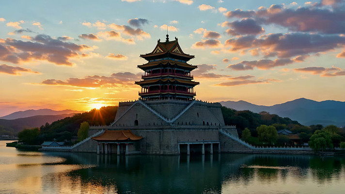 夕阳下的古建筑楼阁全景 夕阳下的古建筑楼阁全景