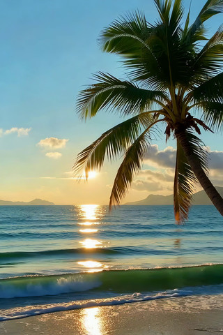 夕阳下海滩边的椰子树 夕阳下海滩边的椰子树