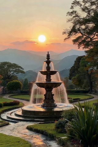 夕阳下花园中的喷泉景观 夕阳下花园中的喷泉景观