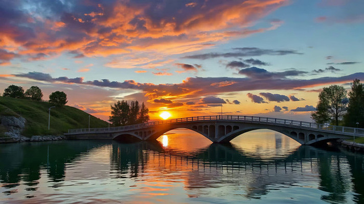 夕阳下桥梁与水面风景 夕阳下桥梁与水面风景