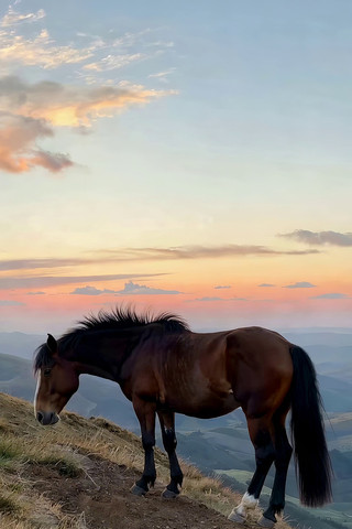夕阳下山坡上的骏马 夕阳下山坡上的骏马