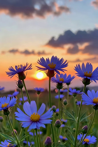 夕阳下盛开的蓝色花朵 夕阳下盛开的蓝色花朵