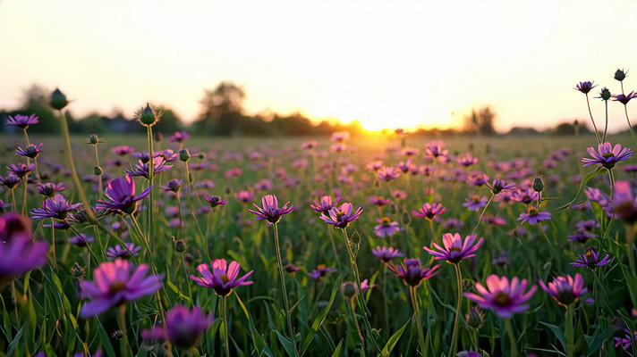 夕阳下盛开的紫色花朵田野 夕阳下盛开的紫色花朵田野