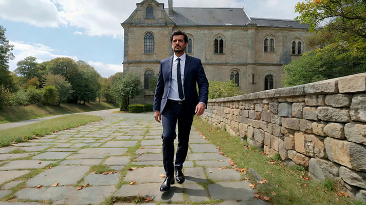 西装男士行走于欧式建筑前 西装男士行走于欧式建筑前