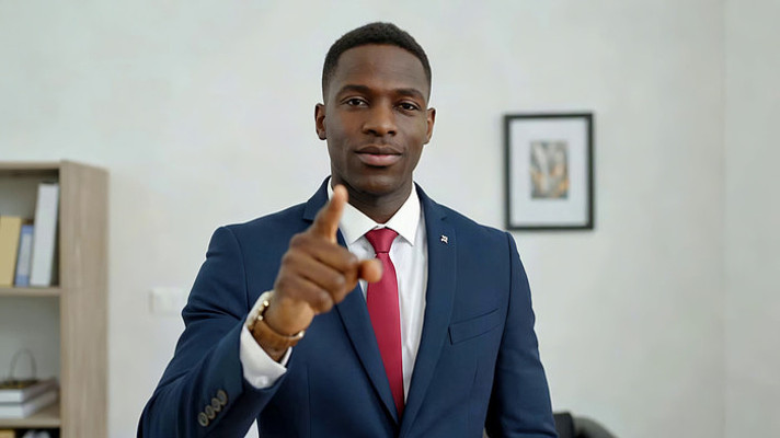 西装男子办公室内指向前方 西装男子办公室内指向前方