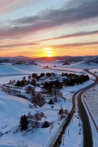 雪地村落日出全景 雪地村落日出全景