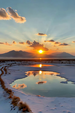 雪地湖泊夕阳自然风光 雪地湖泊夕阳自然风光