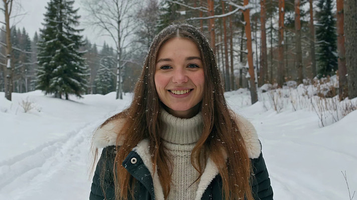 雪地森林中微笑的女子 雪地森林中微笑的女子