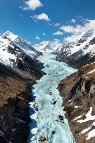 雪山间蜿蜒冰川自然风光 雪山间蜿蜒冰川自然风光