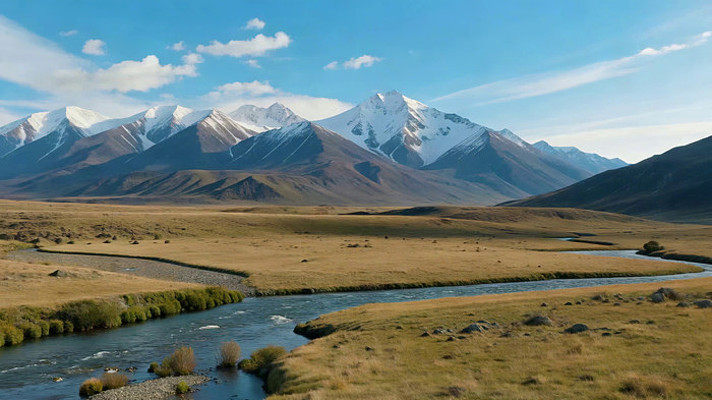 雪山下草原河流自然风光 雪山下草原河流自然风光