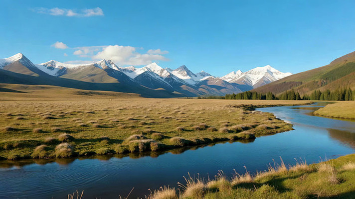 雪山下草原河流自然风光 雪山下草原河流自然风光