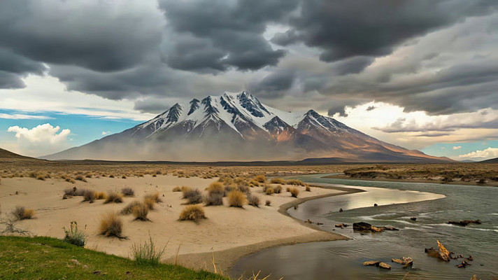 雪山下的河流与荒漠风光 雪山下的河流与荒漠风光