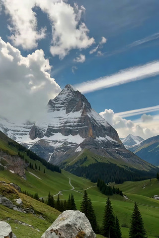雪山下的绿色山谷风景 雪山下的绿色山谷风景