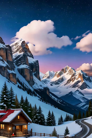 雪山下的木屋夜景 雪山下的木屋夜景