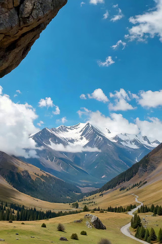雪山下的山谷草原风景 雪山下的山谷草原风景