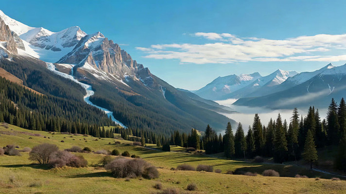 雪山下的山林草地自然风光 雪山下的山林草地自然风光