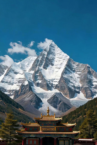 雪山下的中式古建筑景观 雪山下的中式古建筑景观