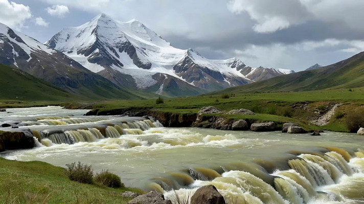 雪山下河流草原自然风光 雪山下河流草原自然风光