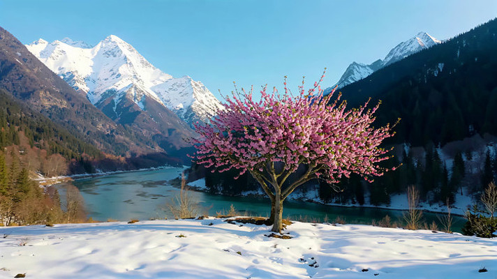 ѩɽ�º���ʢ���ķ�ɫ��ľ