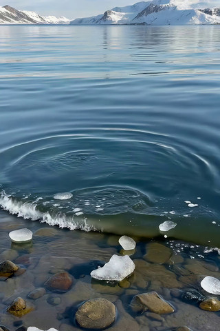雪山下湖水边的石块与浮冰 雪山下湖水边的石块与浮冰