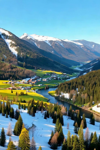 雪山下山谷田园风光 雪山下山谷田园风光