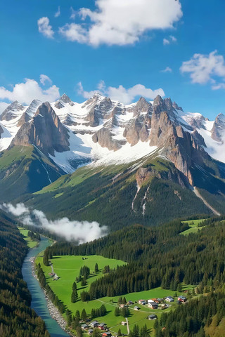 雪山下山谷中的村庄自然风光 雪山下山谷中的村庄自然风光