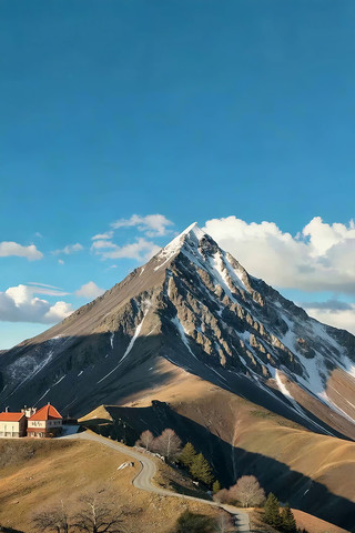 雪山下山坡与房屋风景 雪山下山坡与房屋风景