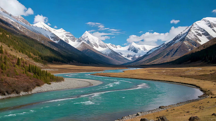 雪山下蜿蜒河流自然风光 雪山下蜿蜒河流自然风光