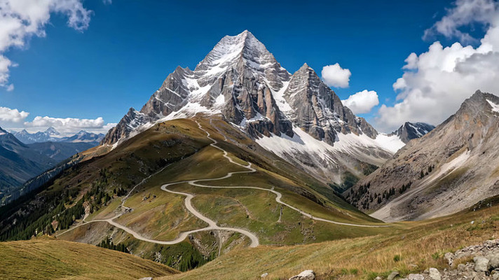 雪山下蜿蜒山路全景 雪山下蜿蜒山路全景