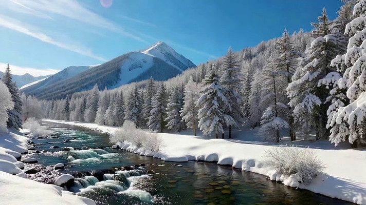 雪山雪林间的河流景观 雪山雪林间的河流景观