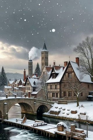 雪中欧式小镇河流桥梁景观 雪中欧式小镇河流桥梁景观