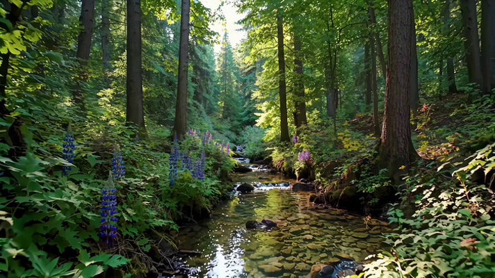 阳光照耀下的森林溪流景观 阳光照耀下的森林溪流景观