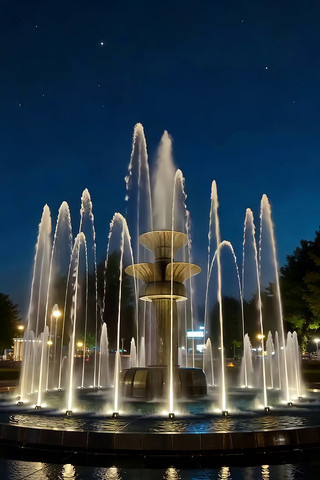 夜景中的喷泉景观 夜景中的喷泉景观