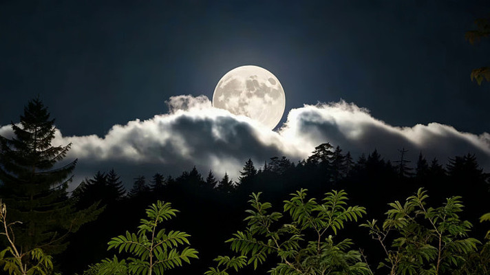 夜空下满月与森林景观 夜空下满月与森林景观