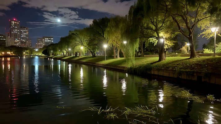 夜晚公园河畔城市夜景 夜晚公园河畔城市夜景