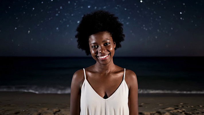 夜晚海滩微笑的黑人女性 夜晚海滩微笑的黑人女性