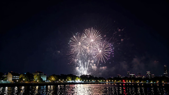 夜晚湖边绽放的烟花素材 夜晚湖边绽放的烟花素材
