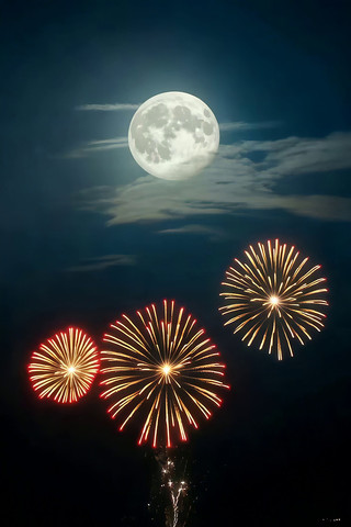 圆月夜空下的烟花绽放 圆月夜空下的烟花绽放