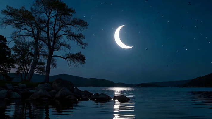 月夜湖边树木与星空景色 月夜湖边树木与星空景色