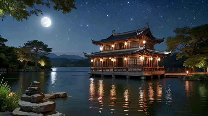 月夜湖畔古风建筑全景 月夜湖畔古风建筑全景